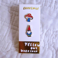 Gnome and Mushroom Earrings, Gold Gilt Cloisonné, Yellow Owl Original Design