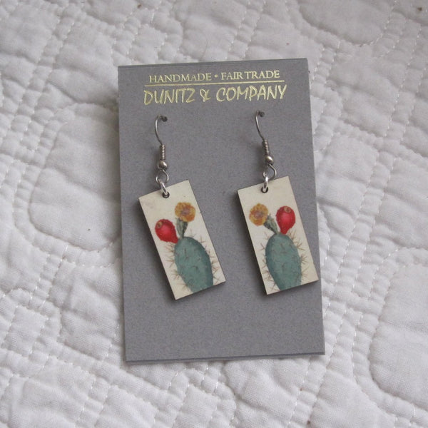 Cactus Vintage Botanical Print Dangle Earrings, Fair Trade