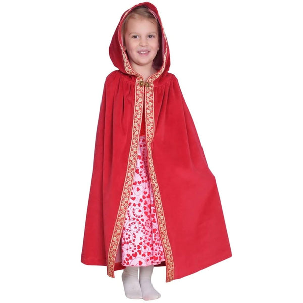 Red Cotton Velour Dress Up Cape with Ribbon Trim, Ages 4+