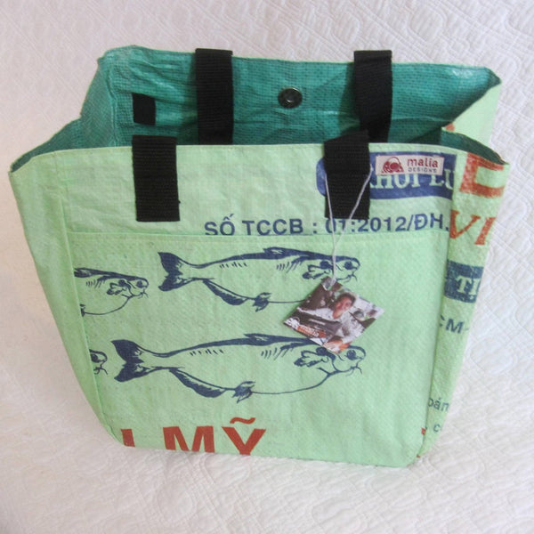 Fresh Kiwi Green Tote Made from Recycled Commercial Fish Food Bags, Fair Trade and Fun!