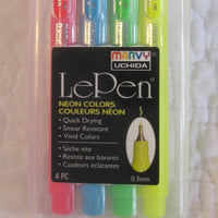 LePen Premium Felt Tip Fineline Pens, Set of Four Neon Colors, Made in Japan