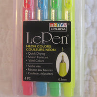 LePen Premium Felt Tip Fineline Pens, Set of Four Neon Colors, Made in Japan