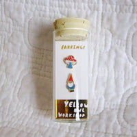 Gnome and Mushroom Earrings, Gold Gilt Cloisonné, Yellow Owl Original Design
