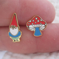 Gnome and Mushroom Earrings, Gold Gilt Cloisonné, Yellow Owl Original Design