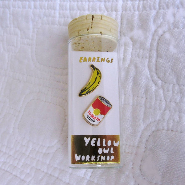 Pop Art Andy Warhol Earrings, Gold Gilt Cloisonné, Yellow Owl Original Design