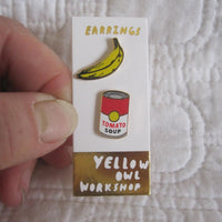 Pop Art Andy Warhol Earrings, Gold Gilt Cloisonné, Yellow Owl Original Design