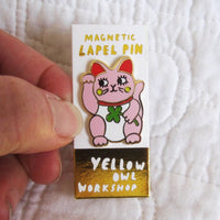 Lucky Cat Lapel Pin, Gold Gilt Cloisonné, Yellow Owl Workshop Original Creation